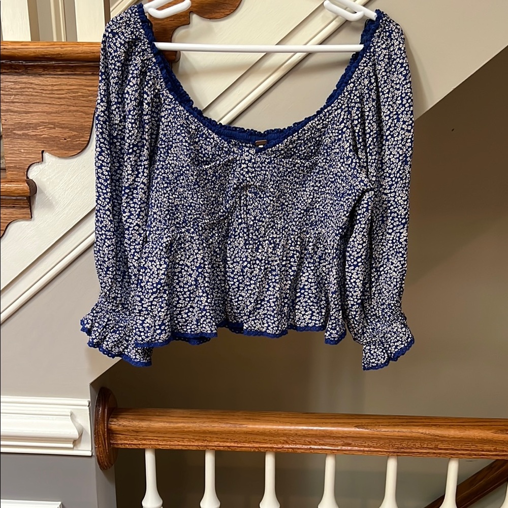 Free People Blue and White Ruffled Crop Blouse